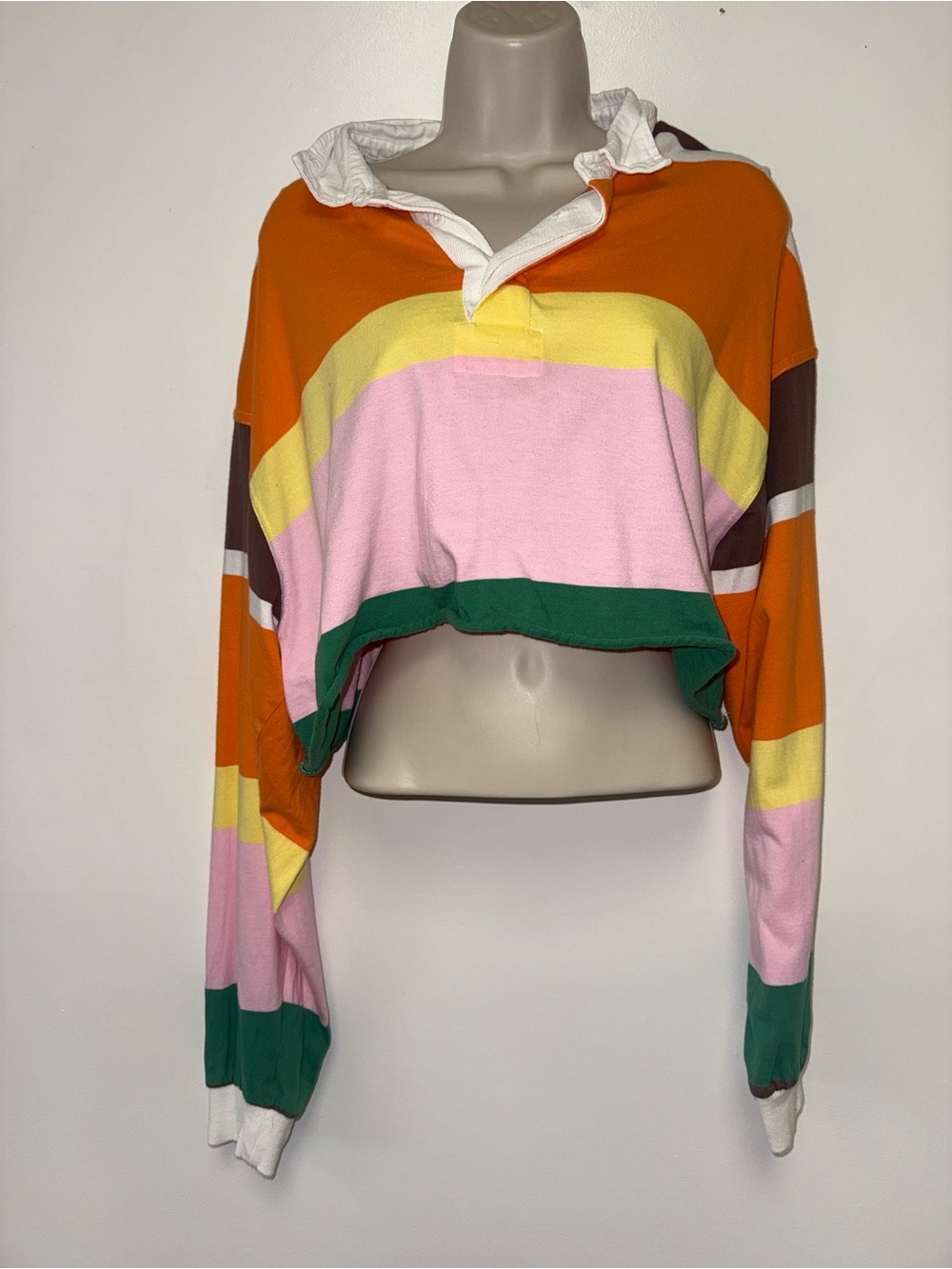 BDG (Large) Colorful Striped Cropped 3/4 Button Up Collared Long Sleeve Top